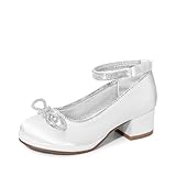 DREAM PAIRS Girls Dress Shoes Platform Chunky Heel Ankle Strap Princess Flats Flower Party Wedding Pump for Little Big Kid,Size 11 Little Kid,White,SDFL2422K