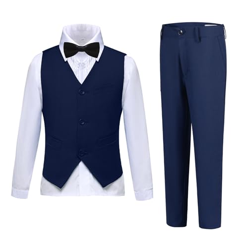 Reviews de Trajes y Blazers para Niño los más recomendados. 46 Trajes para niños, ajuste delgado, 4 piezas, traje formal para niños, esmoquin de boda, vestido de niño con chaleco, camisa y corbata, Azul marino-pajarita, 4