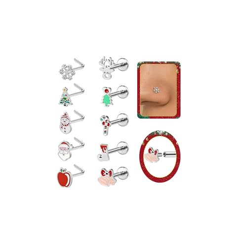 6ixGosh 10PCS Chiristmas Nose Rings Stud L Shaped Nose Studs Flat Back Cartilage Tragus Conch Helix Earrings Stainless Steel Labret Medusa Monroe Piercing Jewelry for Women Men 1