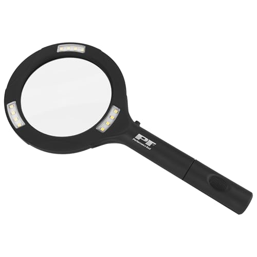 Performance Tool W15040 LED 3X Handheld Magnifying Glass, Optical Lens with 12 LED Lights, 80 Lumens, Non Distorting, Comfortable Rubber Grip for Reading Crafts Hobbies Repairs, Black
