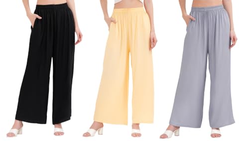 Image of Buy That Trendz Palazzo Pants for Women Rayon Elasticated Regular Fit Flared Wide Leg M to 6XL Pack of 3
