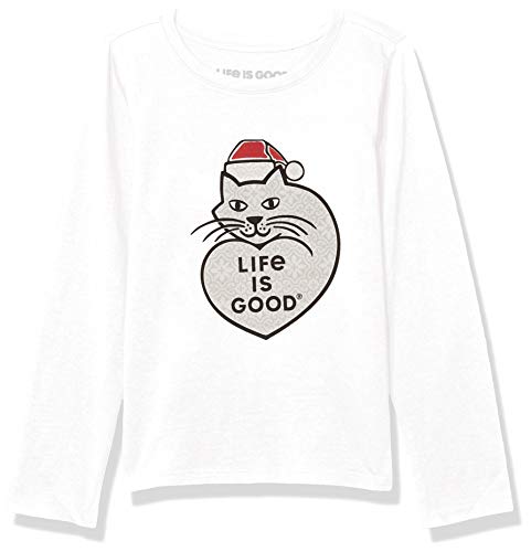 Life Is Good Girls Holiday Long Sleeve Crusher T-shirt Purr Love Holiday, Cloud White, Large