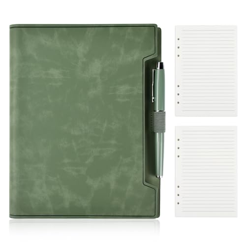 KYYGKY Carpeta de Cuero A5, Archivador a5 6 Anillas de 100 Hojas, Cuaderno de Papel Recargable con Bolígrafo y Recambio de 45 Hojas, Carpeta a5 6 Anillas con Tapa Dura y Fundas para Tarjetas (Verde)