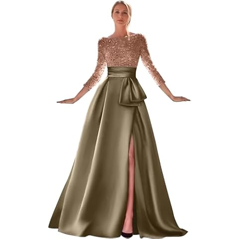 refansl Long Sleeve Prom Dresses for Women Satin Bow A-Line Sequin Sparkly Long with Slit Modest Evening Dresses for Women Formal 2024 Brown Cover
