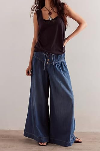 yoeasy Womens Mid Rise Wide Leg Jeans Elastic Drawstring Loose Ruffle Pleated Denim Pants Y2k Baggy Boyfriend Jeans2