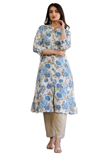 Image of Pistaa's Women Printed Mandarin A-Line Cotton Kurta With Palazzos