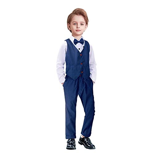 Garçons Gilet Costume Enfants Garçons Costume Formel 100% Coton Chemise + Gilet + Pantalon + Noeud Papillon 4PCS Vêtements De Mariage (Bleu foncé, 110) Cover
