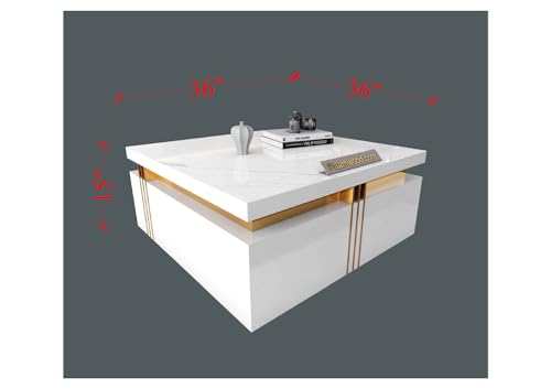 Image of Premium Marble-Top Wooden Center Table for Living Room | Coffee Table | Contemporary Design Craftsmanship (White Big - 36x36x17 Inch)