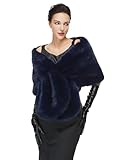 BEAUZSUZSANA Women 1920s Faux Fur Shawl Wrap Stole Shrug Winter Bridal Wedding Scarf Party Cover Up for Evening Dresses (Navy Blue,One Size)