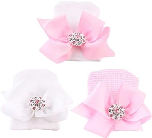 Aijian Newborn Hospital Hat Infant Baby Hat Cap with Big Bow Soft Cute Knot Nursery Beanie (3 Pack Bow Knit Rhinestone Ribbon/ 0-3 Month)