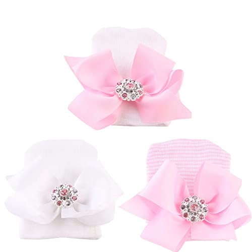 Image of Aijian Newborn Hospital Hat Infant Baby Hat Cap with Big Bow Soft Cute Knot Nursery Beanie (3 Pack Bow Knit Rhinestone Ribbon/ 0-3 Month)