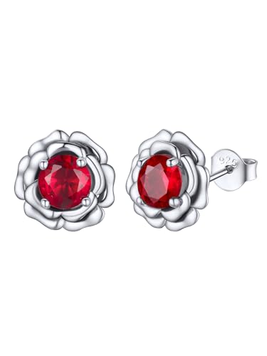 FOCALOOK - Pendientes para mujer, flor rosa, de plata 925, adornados con granate de circonita cúbica, pendientes de piedra de nacimiento enero, Plata de ley Oro blanco