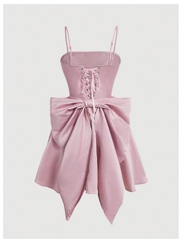 Image of WDIRARA Women's Satin Bow Homecoming Dresses Spaghetti Strap Wedding Guest Gown Summer Mini Dress