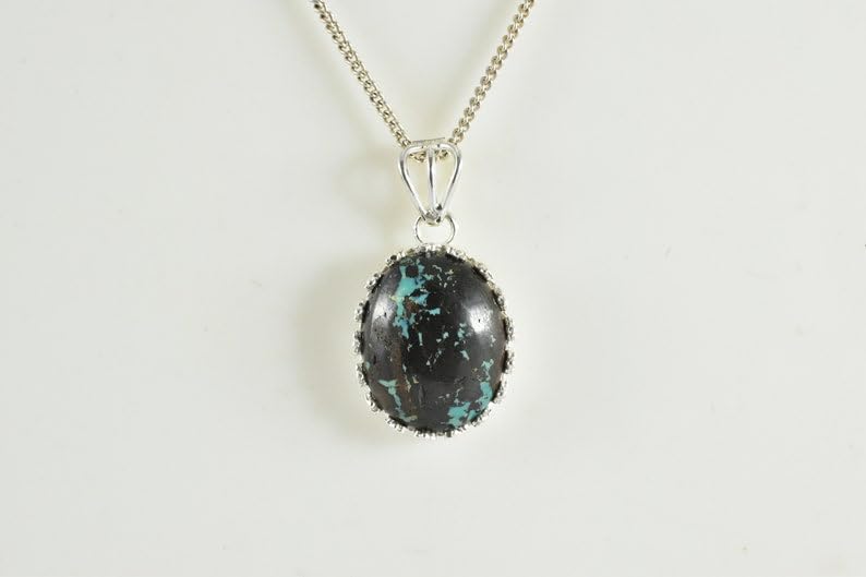 Colgante de turquesa tibetana natural y plata 925 ovalado negro y verde gmpd_0082 con cadena 2