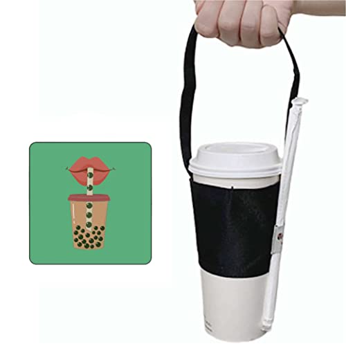 Image of Portable Hands-Free Coffee & Boba Cup Carrier Strap & Straw Loop (Black) | Tainada Eco Friendly Foldable Hot & Cold Drink Carrier for Take Out; Ideal for Walking & Shopping; 1 Coaster Included