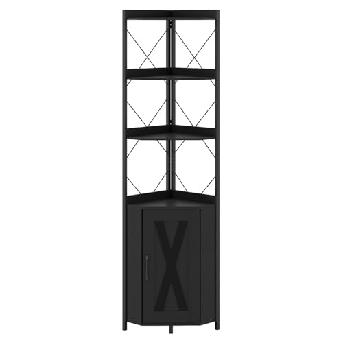 GIANTEX Estantería de Esquina 6 Niveles, Mueble de Almacenamiento con 4 Estantes Abiertos y 1 Puerta, Estructura en X Estable, Kit Antivuelco, 38x38x180cm, Librería para Salón, Dormitorio (Negro)