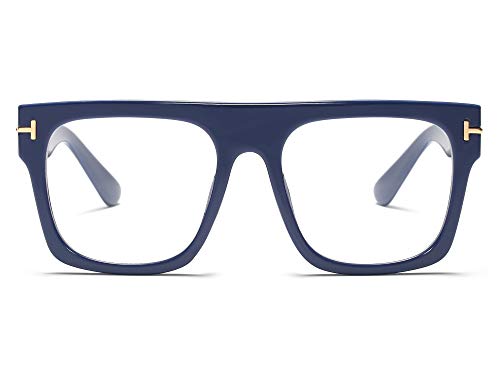 Allt Unisex Oversized Square Optical Eyewear Non-prescription Eyeglasses Flat Top Clear Lens Glasses Frames (Blue), Large