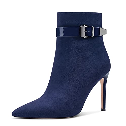 Aachcol Women Ankle Boots Short Bootie Close Pointed Toe Stiletto High Heel Dress Shoes Suede Buckle 4 Inch