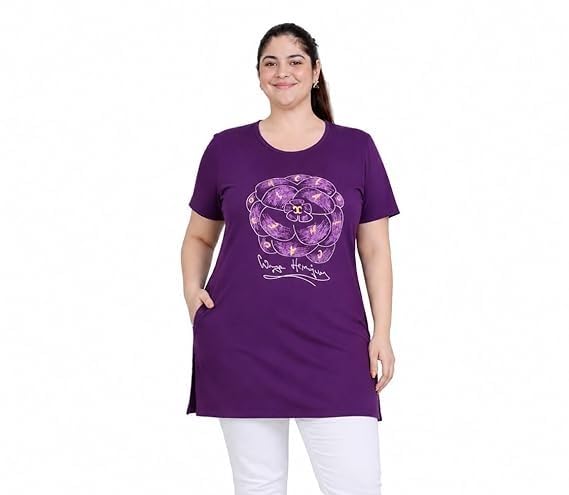 Image of In Love Women Cotton Regular Fit Plus Size Long-Line Chest Print T-Shirt with Pocket