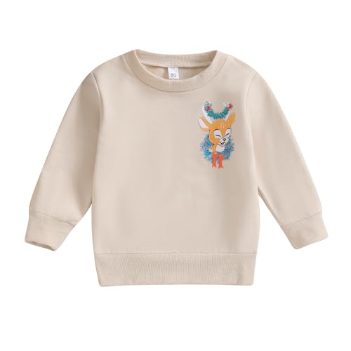 BULINGNA Toddler Baby Girl Boy Christmas Sweatshirt Deer Letters Print Casual Fall Winter Xmas Pullover Tops (Beige, 3-4 Years)