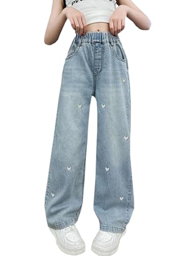 Kids Girls Jeans Casual Loose Denim Pants Heart Embroidery Straight Wide Leg Pants Children's Long Pants