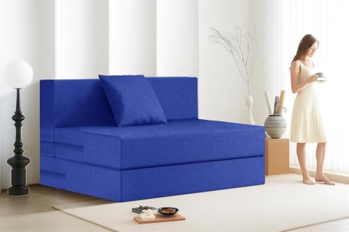 Image of Rosebell One-Person Foldable Sofa Cum Bed | Jute Fabric | 3x6 Ft | Lightweight & Comfortable with One Cushion | Perfect for Home & Office-Blue