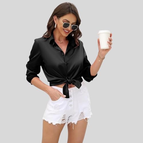 Image of IndoPrimo Women's Satin Shirt with Spread Collar Neck Line Solid Pattern Full Sleeves Regular Fit Western Style and Standard Length