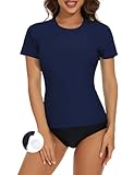 Bonneuitbebe Women's Short Sleeve Rash Guard Swimsuit Top with Built in Bra Swim Shirt UPF50+ Quick Dry Bathing Suit Navy Blue