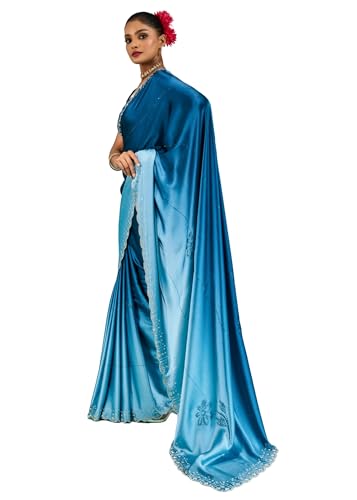 Sarée en satin japonais bleu taille 40 artisanat cristal