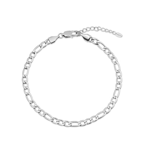 Amberta Pulsera Tobillo Mujer | Tobillera Acero Inoxidable Mujer | Joyas Boho | Cadena Ajustable Corazón Serpiente Bolas: Tobillera Plata Figaro 4.2 mm