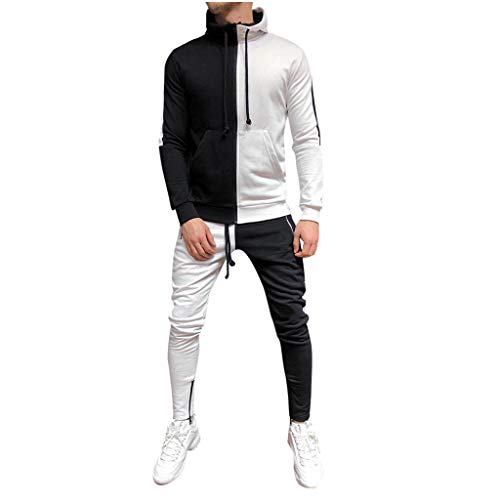 Subfamily Conjunto de Pantalones de Suéter con Cremallera y Paneles de Manga Larga con Bolsillo para Hombres, Patchwork Cremallera Sudadera Top Pantalones Conjuntos Traje Deportivo Chándal Blanco XXL