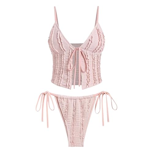 Tankini tanga texturé à bordure volantée : le maillot gainant et confortable sans complexe