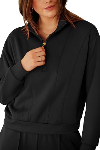 RUBZOOF Lounge Sets for Women 2 Piece Sweatsuits Fall Outfits Half Zip Sweatshirt Wide Leg Sweatpants Matching Clothing Set4