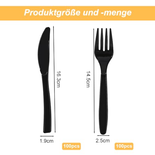 Plastikbesteck 200 Stück Einweg, Schwarz, Messer und Gabel