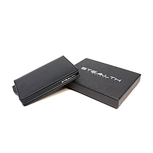 Stealth Wallet - Porte-Cartes Minimaliste - Portefeuilles Pop-up avec Blocage RFID/NFC avec Boîte-Cadeau - Porte-Cartes de Crédit en Métal Léger et Fin et Protection (Argent avec Cuir Noir)