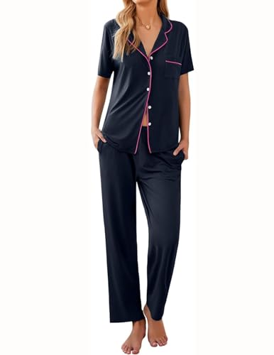 Image of Ekouaer Women Pajamas Set Button Down Sleepwear Short Sleeve Nightwear with Long Pants Soft Pjs Set S-XXL
