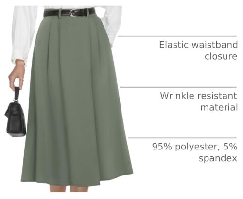 Image of Casly Lamiit A-Line Midi Skirts for Women Business Skirt | Elastic High Waisted, Pleated with Pockets, Work Skirts Casual