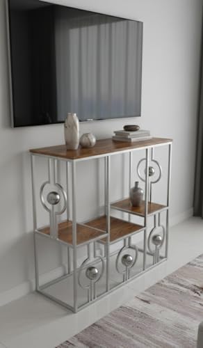 Image of Console Table with Storage, Modern Engineered Wood, Gold Metal Frame with Decorative Spheres, 30x30x7.5 Inch (Gry Brown)