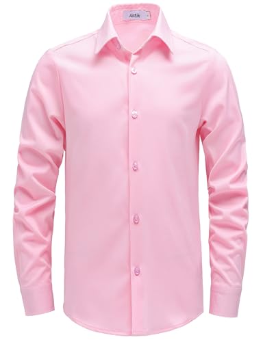 AOTIK Boys Stretch Wrinkle Free Dress Shirts Button Down Shirt Long Sleeve Formal School Uniform Shirts 12 Pink