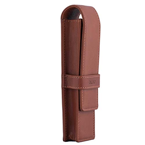 Image of DiLoro Leather Double Pen Case Pencil Pouch Holder for Two Fountain Pens Ballpoint Rollerball and Pencils (Bugatti Tan)