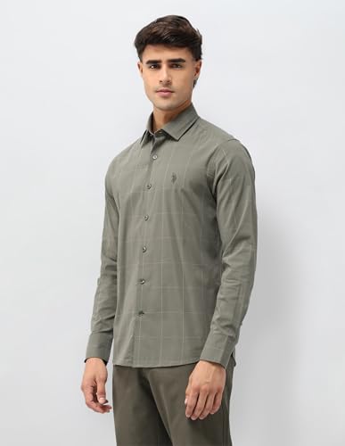 Image of U.S.Polo Association Men's Windowpane Checked Tailored Fit Shirt (USSHTP1090 Green 48)