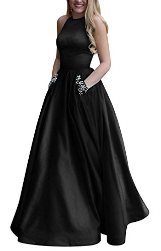 Women s Long Beaded Halter Satin Prom Dress A Line Open Back Evening Gowns with Pockets Black US14