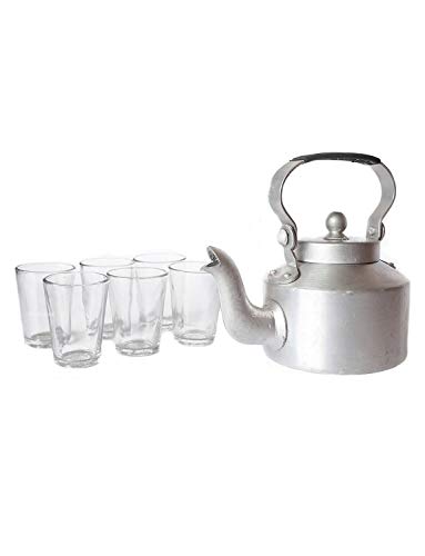 KALAPURI® Aluminium Indian Traditional Kettle Tea Coffee Pot (1500 mL) Chai Maker with Handle & 6 Transparent Cutting Tea Glass (80 mL) - Image 2