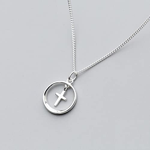 Colgante De Cruz Redonda Hueca De Plata De Ley 925, Collar Corto De 41cm para Mujer, Joyería De Plata De Ley para Mujer