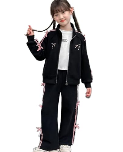 MW&FOFJR Teen Girls Clothing Set Striped Bow Zip Jacket+Pants 2Pcs Leisure Tracksuit for Kids Clothes