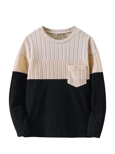Floerns Boy's Color Block Long Sleeve Rib Knitted Pocket Front Crew Neck Tee Shirts Top
