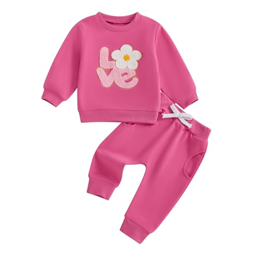 LAGKIYOJ Toddler Girl Valentine's Day Outfits Letter Flower Embroidery sweatshirt Long Pants 6 12 18 24 Months 2T 3T 4T (Pink Valentine's Day, 2-3T)