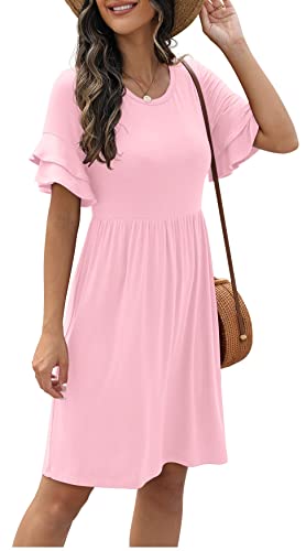 ONLYSTORY Damen Sommerkleid mit kurzen Rüschenärmeln, U-Ausschnitt, plissiert, Tunika, Surplice Kleid, 02 Pink, Klein