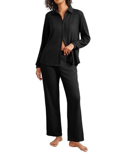 Image of Ekouaer Womens Waffle Knit Pajamas Set 2 Pieces Loungewear Long Sleeve Button Down Matching Sleepwear