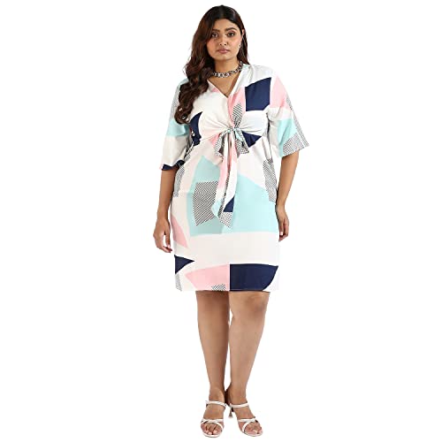 Image of Instafab Plus Women's Multicolour Printed Midi Length Short Sleeve Regular Fit Wrap Dress for Casual Wear | Modern Clothing Dress Crafted with Comfort Fit for Everyday Wear, 3XL